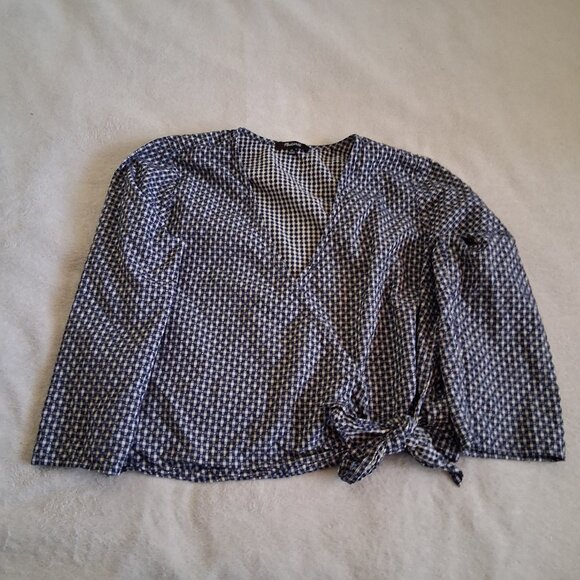 Madewell Women's Size XL Blue White Gingham Textured Cotton Wrap Top - Picture 4 of 11